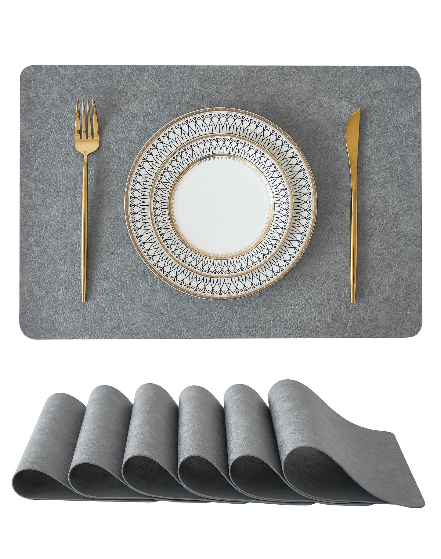 Leetaltree Reversible Faux Leather Placemats Set of 6, 12x17 Inch – Hotel-Quality Heat Resistant & Waterproof Wipeable Table Mats, Non-Slip for Dining Kitchen (Mist Crey, 6 Pack)