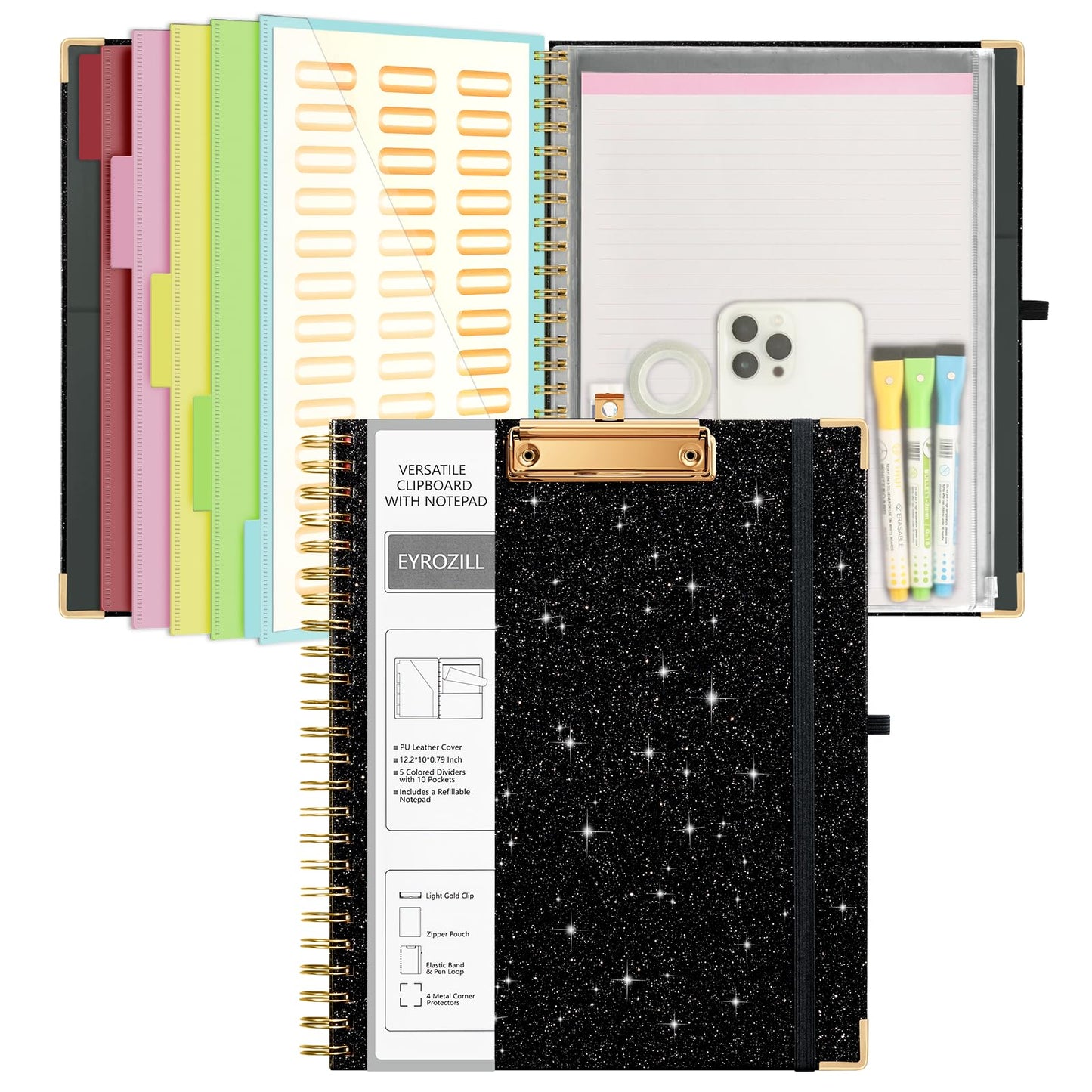 Clipboard with Storage Folio 10 Pockets 5 Tab Dividers Folder Labels Notepad Spiral Black Sparkly Clipboards for School Office