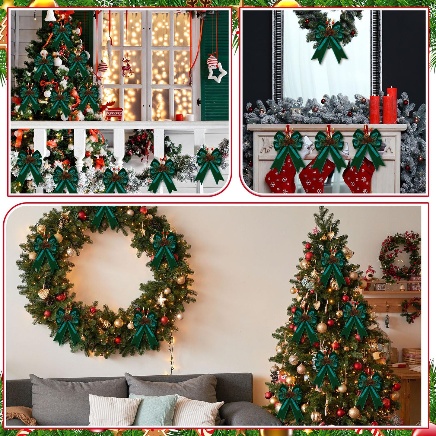 Syhood 6 Pcs Christmas Velvet Bow with Pine Cones Pine Needles Berries Xmas Dark Green Ribbon Bow Ornaments 6.3 x 5.1 Inch for Christmas Tree Wreath Garden Fireplace Crafts DIY Decor