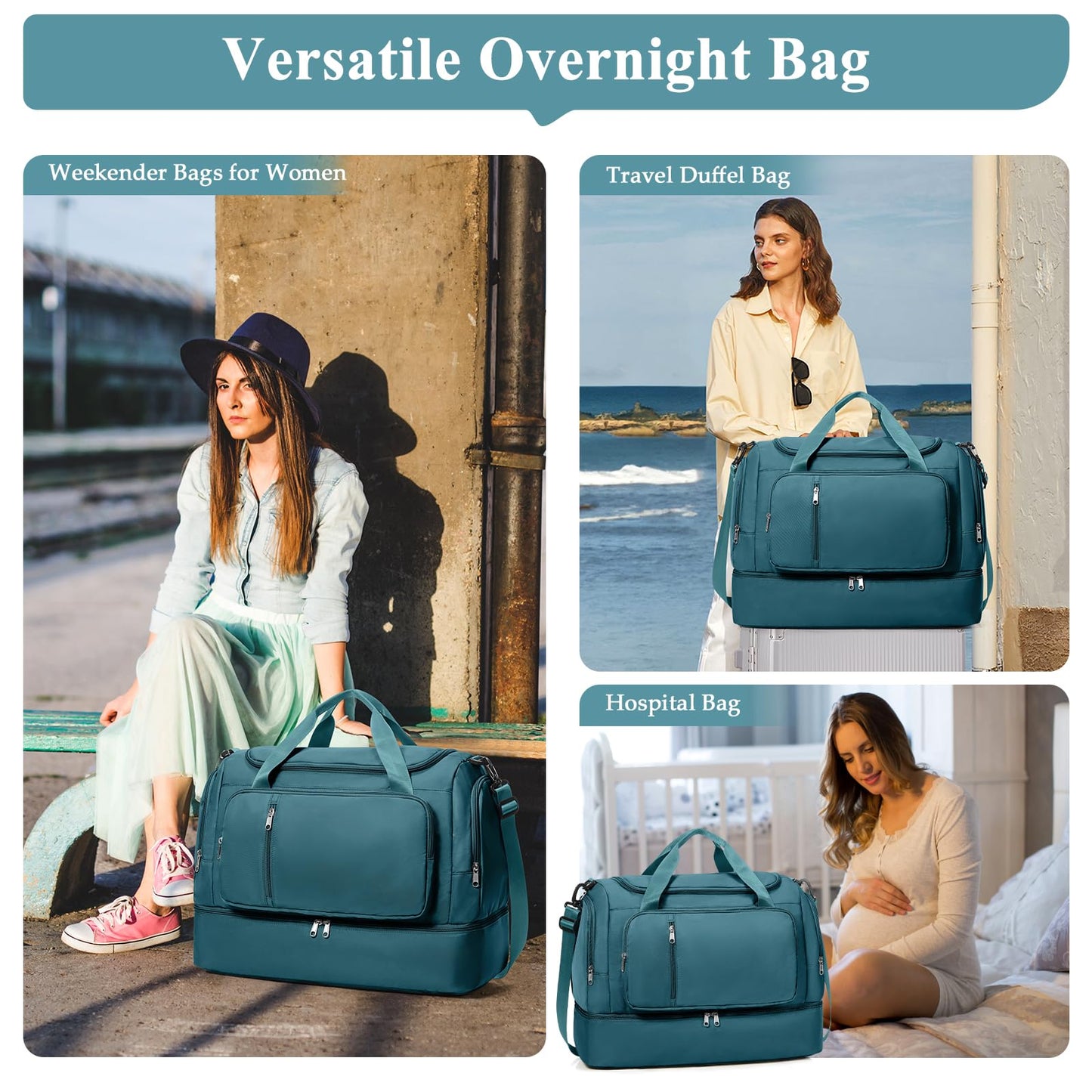 Travel Duffle Bag, Weekender Bags for Women,Carry On Overnight Personal Item Travel Bag with Shoes Compartment,Peacock Blue