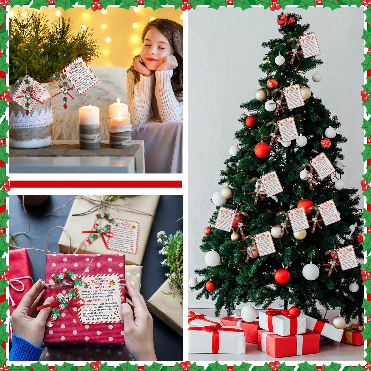 JellyArch 24 Sets Story of Candy Cane Ornament Craft Jesus Religious Christmas Beaded Ornament Kit DIY Xmas Craft Gift 696 Beads 24 Cards 48 Bells 24 Chenille Stems 1 Ribbon for Tree Decor (Red,Green)