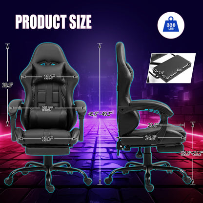 Massage Gaming Chair w/Footrest, Ergonomic High Back PC Chair w/Headrest and Lumbar, PU Swivel Home Desk Office Chair, Black