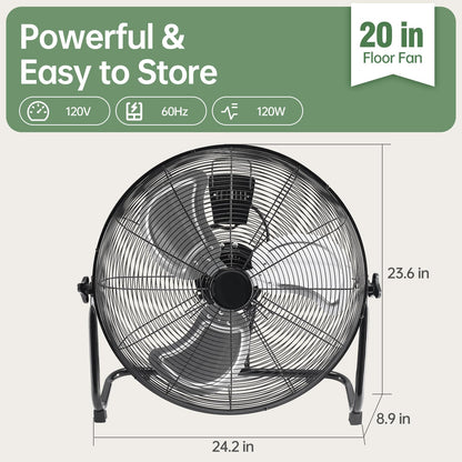 OLIXIS 20'' Industrial High-Velocity Floor Fan, 3-Speed Metal Fan with Carry Handle, Quiet Standing Drum Fan with 120° Adjustable Tilt, Max 3522 CFM for Garages, Workshops, Large Commercial Spaces