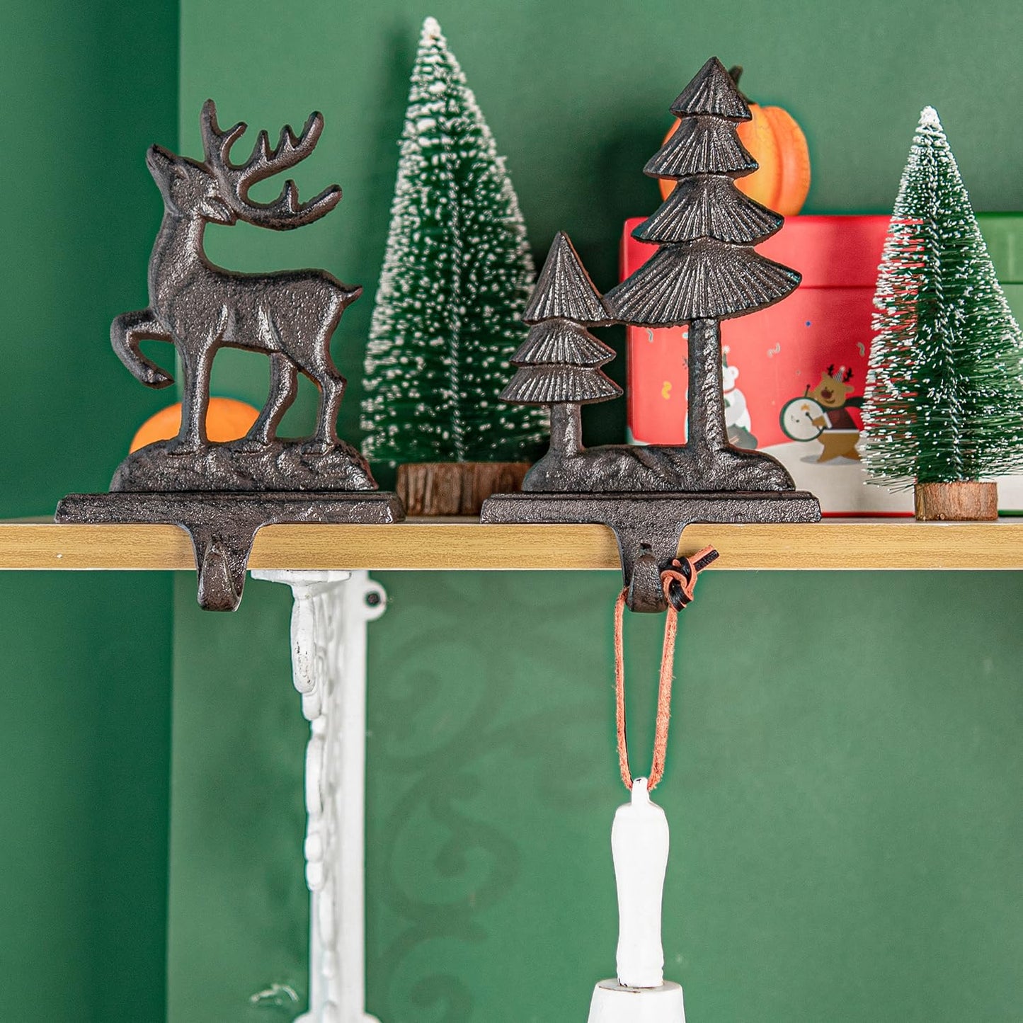 Sungmor Christmas Stocking Holders, 2PC Cast Iron Mantel Hooks Home Decor Holiday Gifts, Heavy-Duty Anti-Slip Fireplace Hangers, Christmas Tree Reindeer Pattern Hooks for Xmas Shelf Topper Decoration