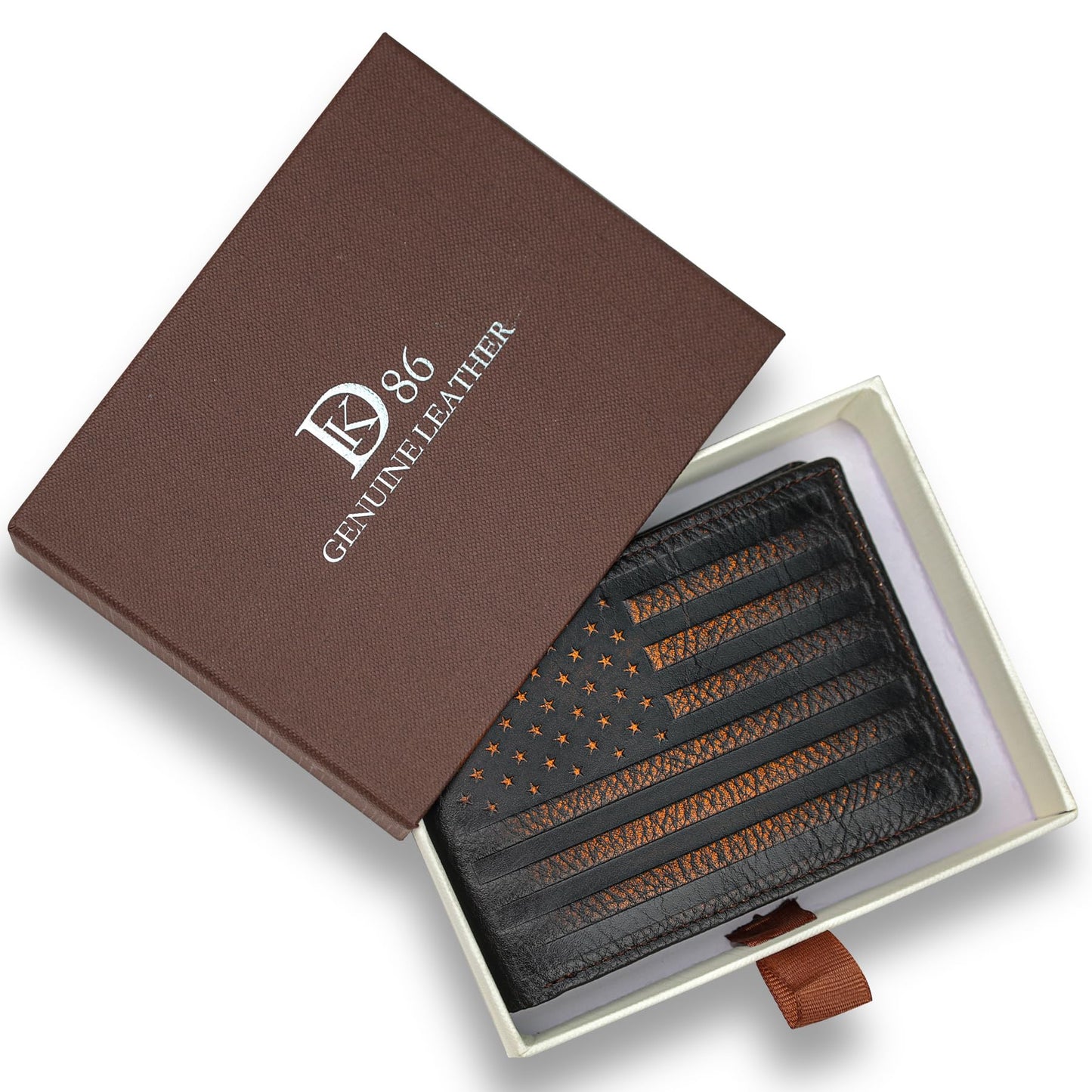 DK86 Wallet for Men Slim Rfid Bifold Genuine Leather 2 ID Window With Gift Box (black brown with US flag)