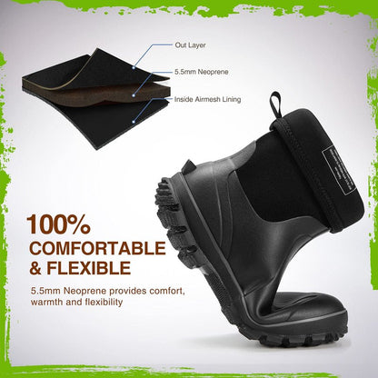 TIDEWE Rubber Boots for Men, 5.5mm Neoprene Insulated Rain Boots with Steel Shank, Waterproof Mid Calf Hunting Boots, Sturdy Rubber Work Boots for Farming Gardening Fishing (Black Size 7)