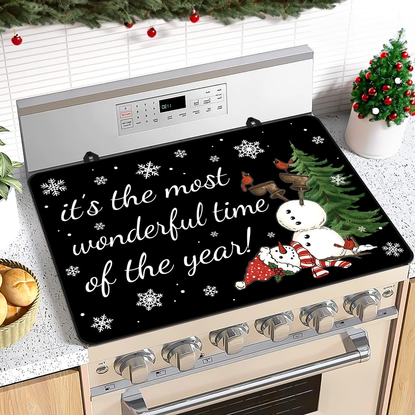 Christmas Stove Top Cover for Electric Stove, Snowman Range Cover, 28x20 inch Snowflake Stove Top Cover, Winter Holiday Stove Range Covers, Heat Resistant Cooktop Cover, Decor for Kitchen Home