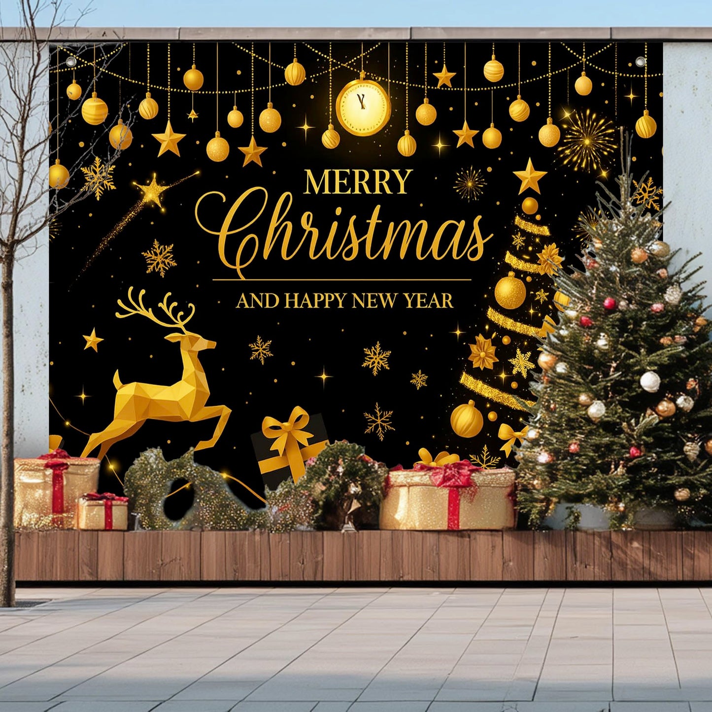 HOMETITUTE Black Gold Merry Christmas Backdrop 8×6ft Holiday New Year Photo Background Party Decoration Banner Golden Tree Reindeer Gifts Photography Backdrop