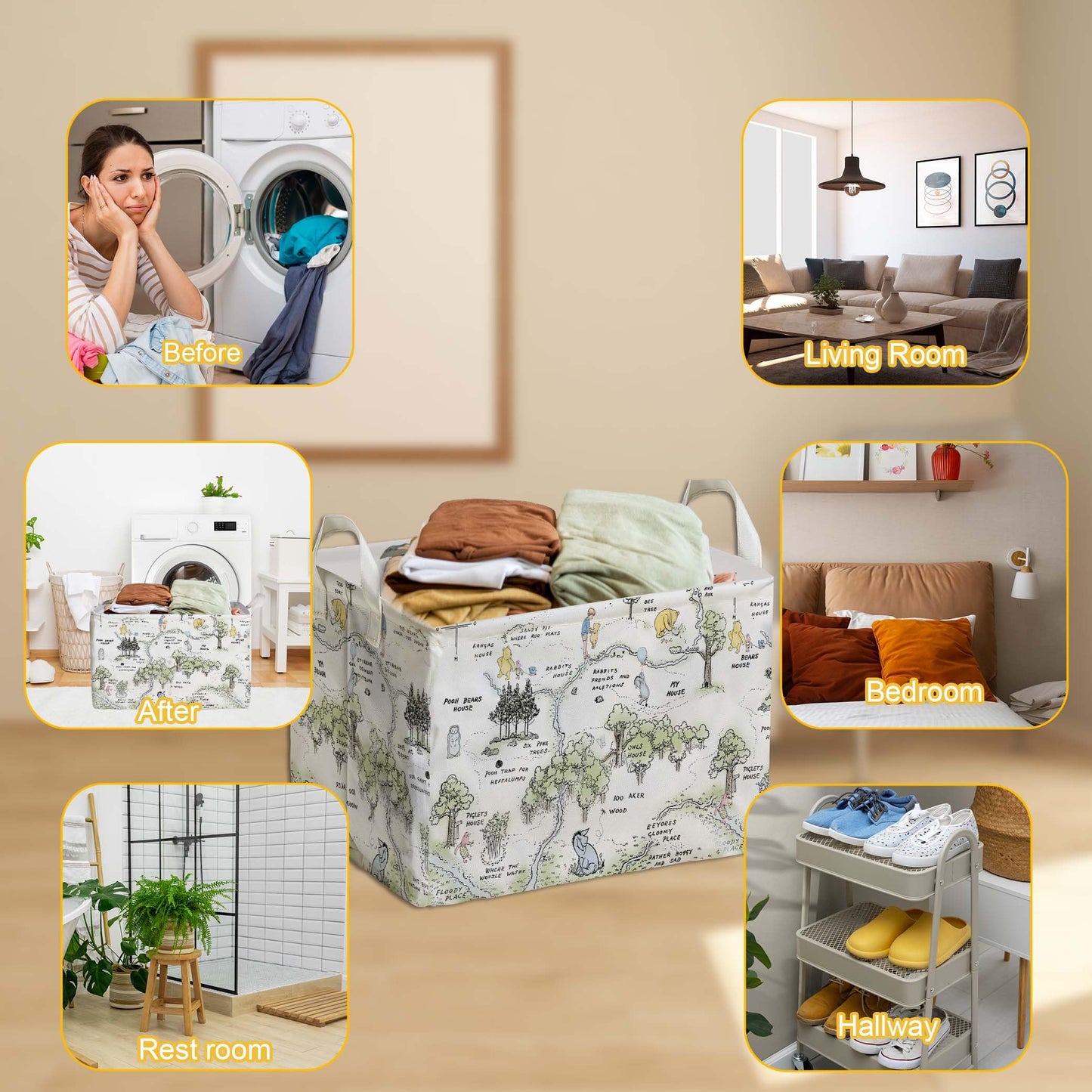 ZsaTuiy Winnie Nursery Baby Stuff, Winnie Storage Basket, Winnie Nursery Storage Baske Storage Basket With A Waterproof PE Coating, Storage Baskets Suitable For Bathroom and Bedroom