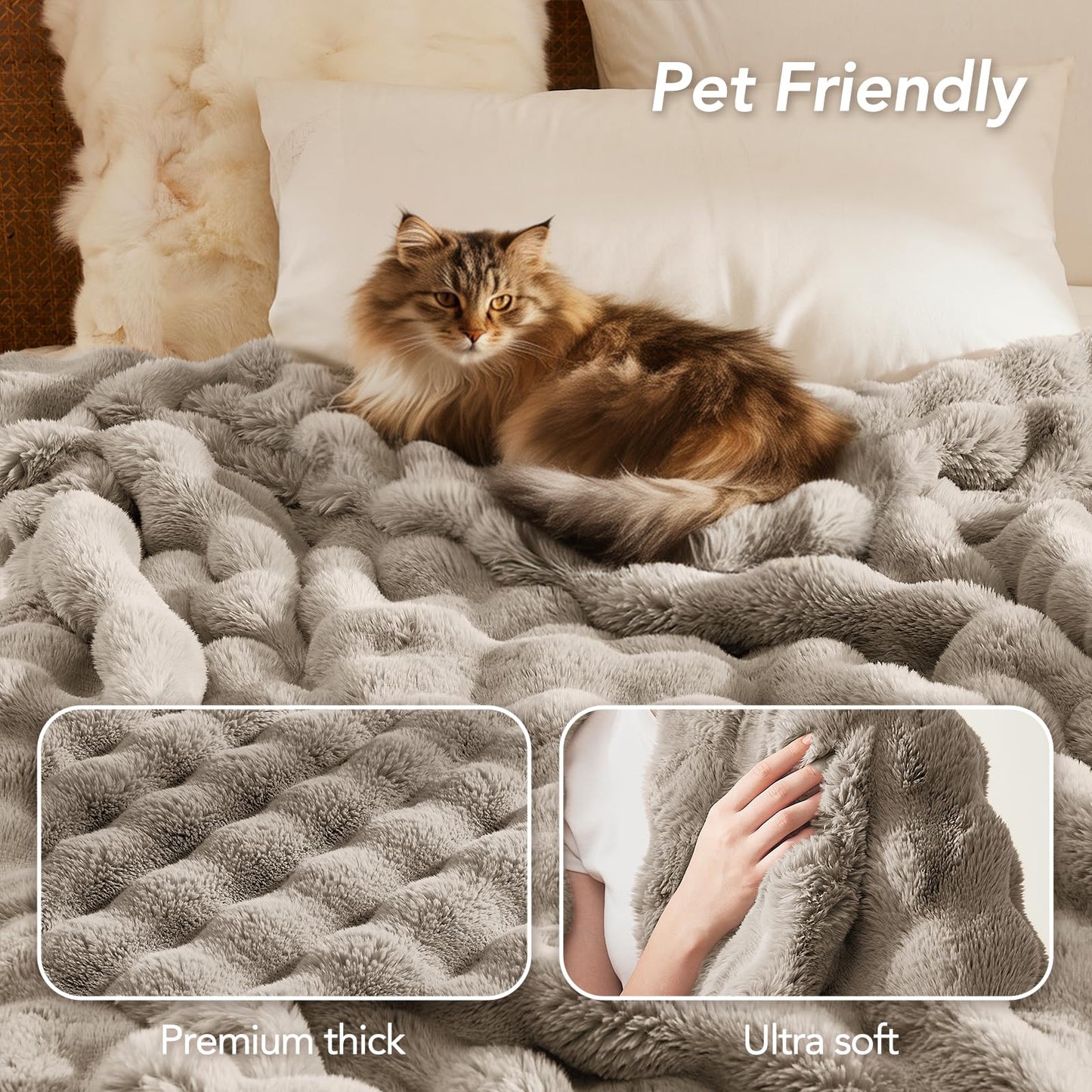 L'AGRATY Faux Rabbit Fur Blanket: 50" x 60" Luxury Soft Fluffy Thick Fur Throw Blanket for Couch Bed Sofa - Cozy Plush Bubble Blankets for Winter: Warm Flannel Fleece Decorative Blanket(Castle Grey)