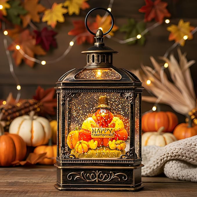 Fall Snow Globe Lantern - Thanksgiving Glittering Lighted Water Lantern, Fall Decorations Autumn Harvest Day Gifts, Table Home Fall Xmas Decor (Turkey & Pumpkins)