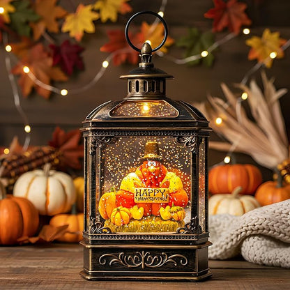 Fall Snow Globe Lantern - Thanksgiving Glittering Lighted Water Lantern, Fall Decorations Autumn Harvest Day Gifts, Table Home Fall Xmas Decor (Turkey & Pumpkins)
