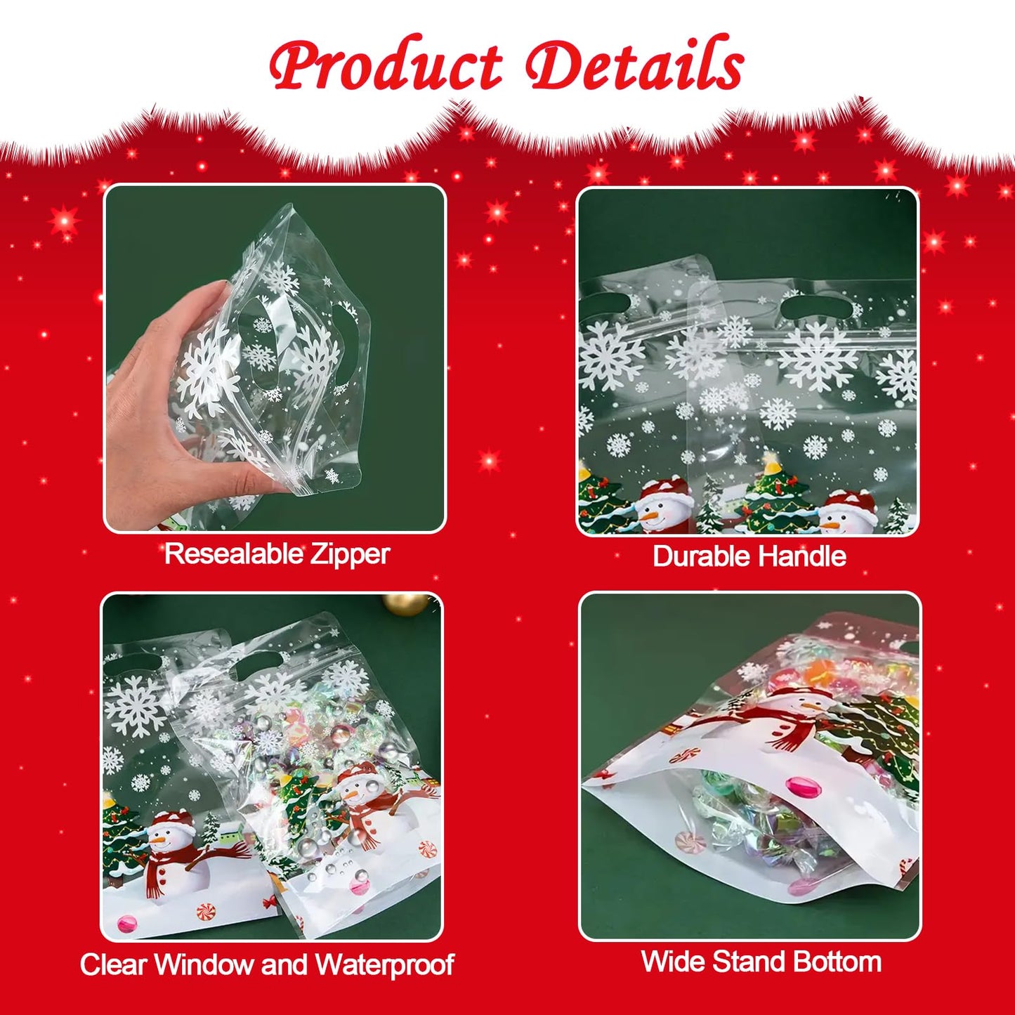 Rikolto Resealable Christmas Zip Lock Bags 50PCS Clear Christmas Cookie Snowman Plastic Sealing Bags with Handles for Xmas Holiday Party Candy Small Gift Wrapping Supplies Decor