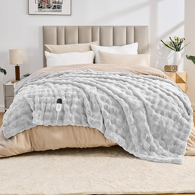 Heated Blanket Electric Throw Blanket 62''X 84''-Heating Blanket with 6 Heat Settings-10 Hours Auto Off,Cozy Faux Rabbit Fur Bubble Electric Blanket,Light Gray