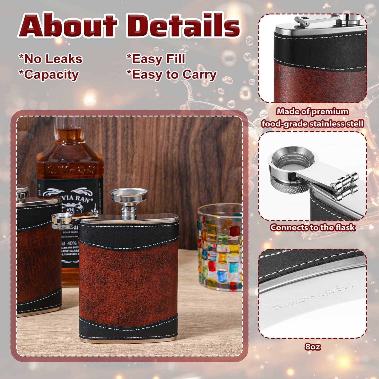 PercyEffie 6 Pcs Liquor Flask, Hip Flasks 8 oz Metal Flask with Funnel, Leak Proof Pocket Flask in Dark Brown Leather Strap Design for Men Women (3.7 x 5.5 Inches)