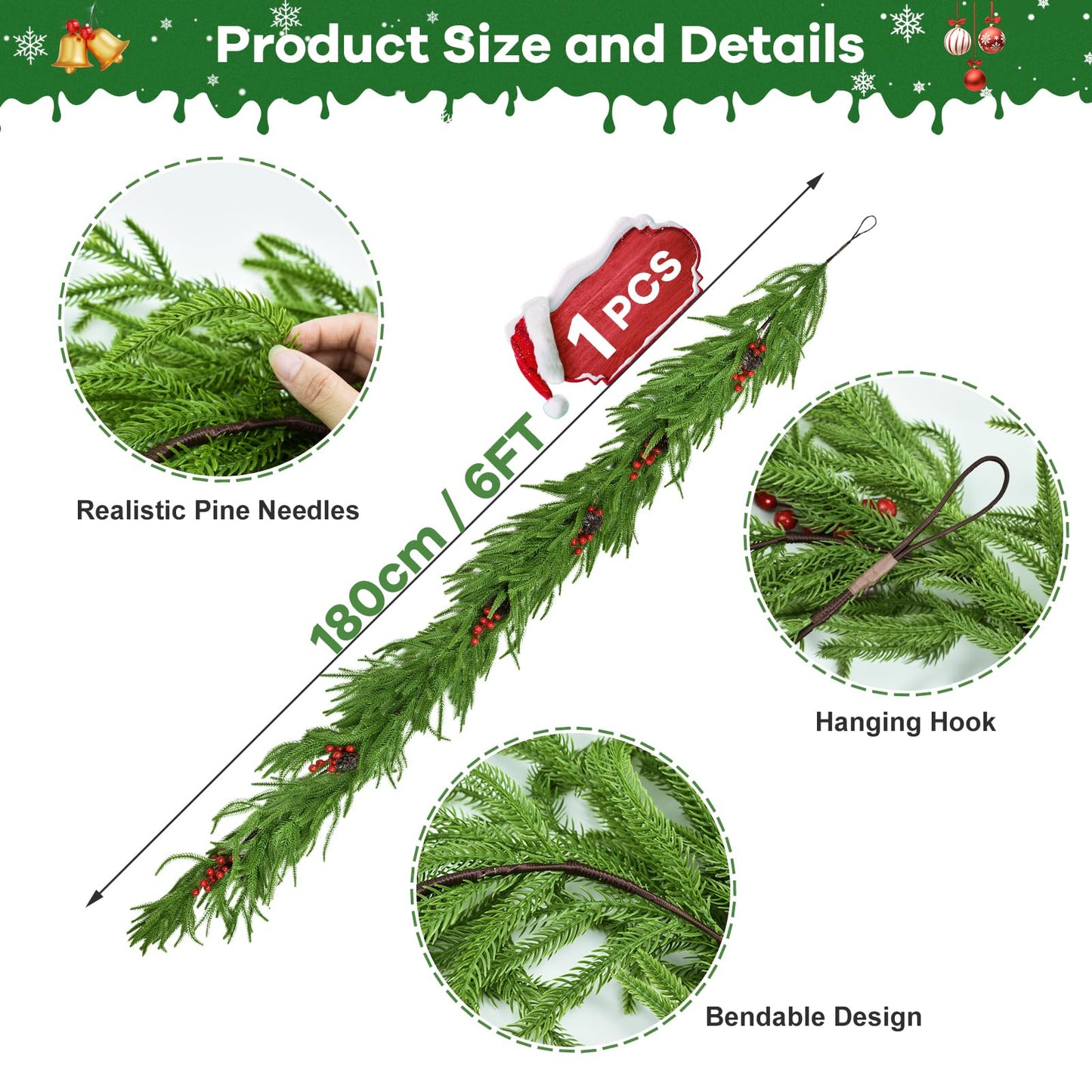 6 FT Christmas Norfolk Pine Garland Real Touch Artificial Greenery Garland Faux Pine Garlands for Mantel Fireplace Table Stairs Indoor Outdoor Christmas Decor, Bonus Gold Ribbon with LED Lights