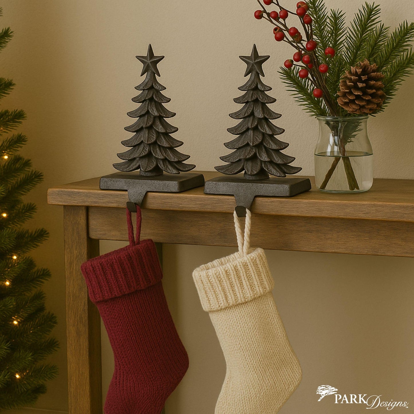 Park Designs Christmas Tree Stocking Hanger Set of 2 | 6" x 0.5" x 6" Cast Metal Mantel Hooks | Iron Finish Holiday Stocking Holders | Rustic Fireplace Décor for Farmhouse or Lodge Christmas Displays