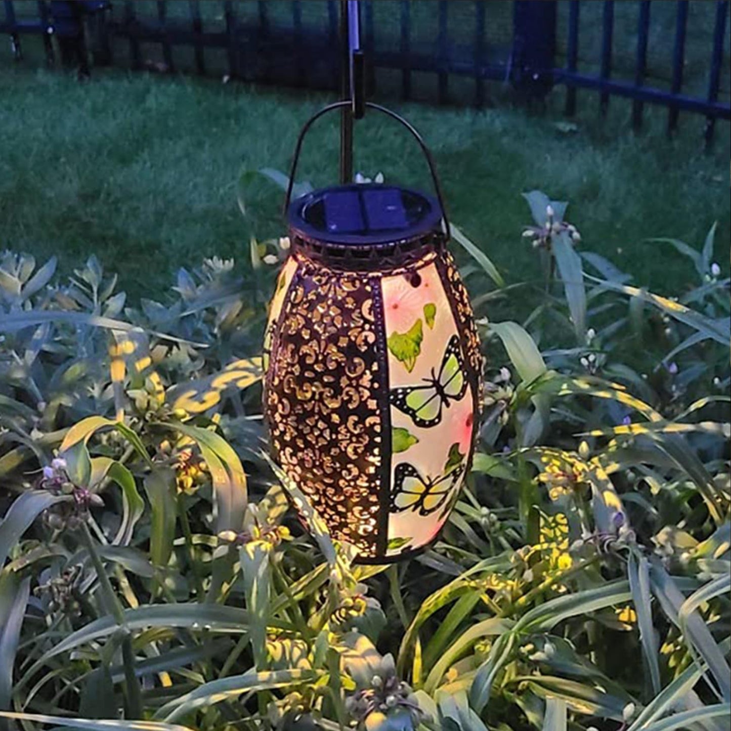 TEYIGARDEN 16" H Butterfly + 16" H Hummingbird Solar Lanterns Glass & Metal Hanging Lantern Outdoor Waterproof Tabletop Light with Hollowed-Out Design for Garden Patio Table Decor Christmas Gifts