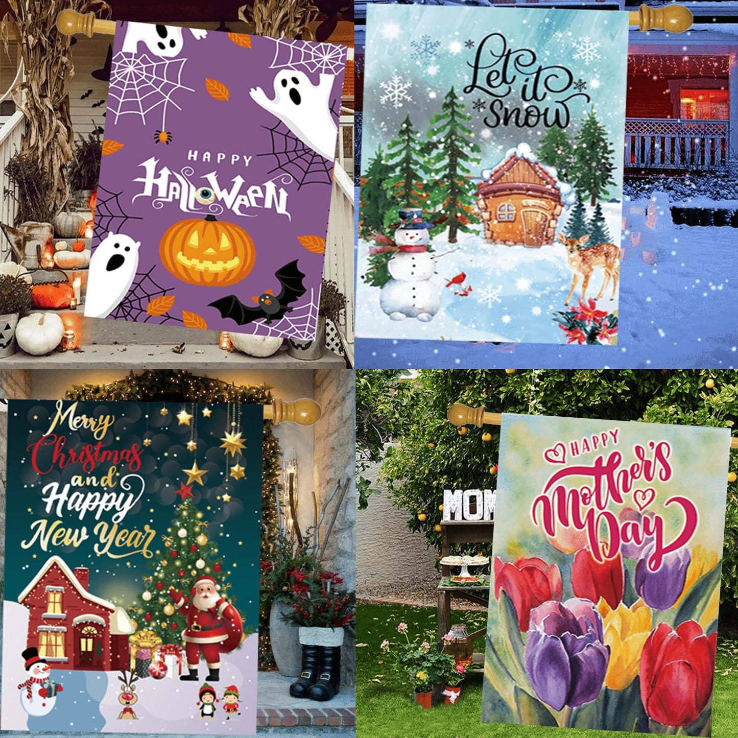 CDLong Seasonal Garden Flag Set of 12 - Double Sided 28 x 40 Inch Large Yard Flags, Outdoor Holiday Decorations for All Seasons, Christmas, Spring, Summer, and Fall - Big House Flags for Outside Decor