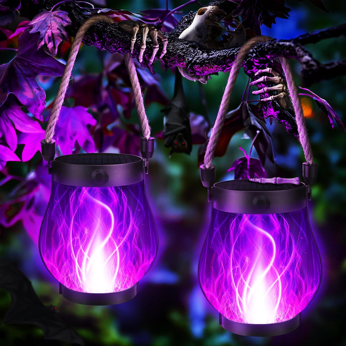 Jyoiat Solar Flame Lantern Hanging Outdoor Waterproof Purple - 2 Pack Flame Lanterns with Dual Charging Modes of Solar & USB for Garden or Yard Decorations (Purple - 2 Pack)