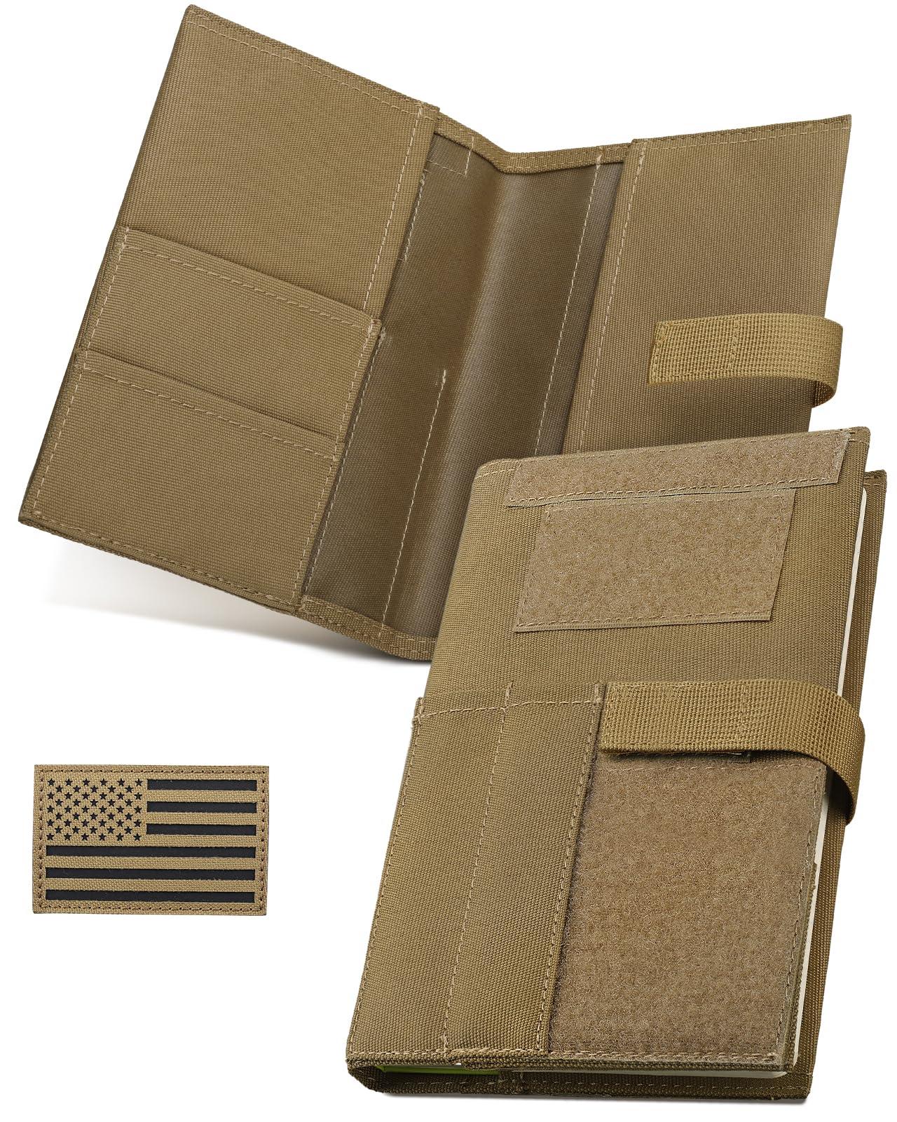 Tactical Book Cover for 5.5" x 8" Military Log Book, Green Book Protective Holder, Detachable Army Field Notebook Cover with Flag Patch, for Protecting (Tan, 5.7x8.7 in)