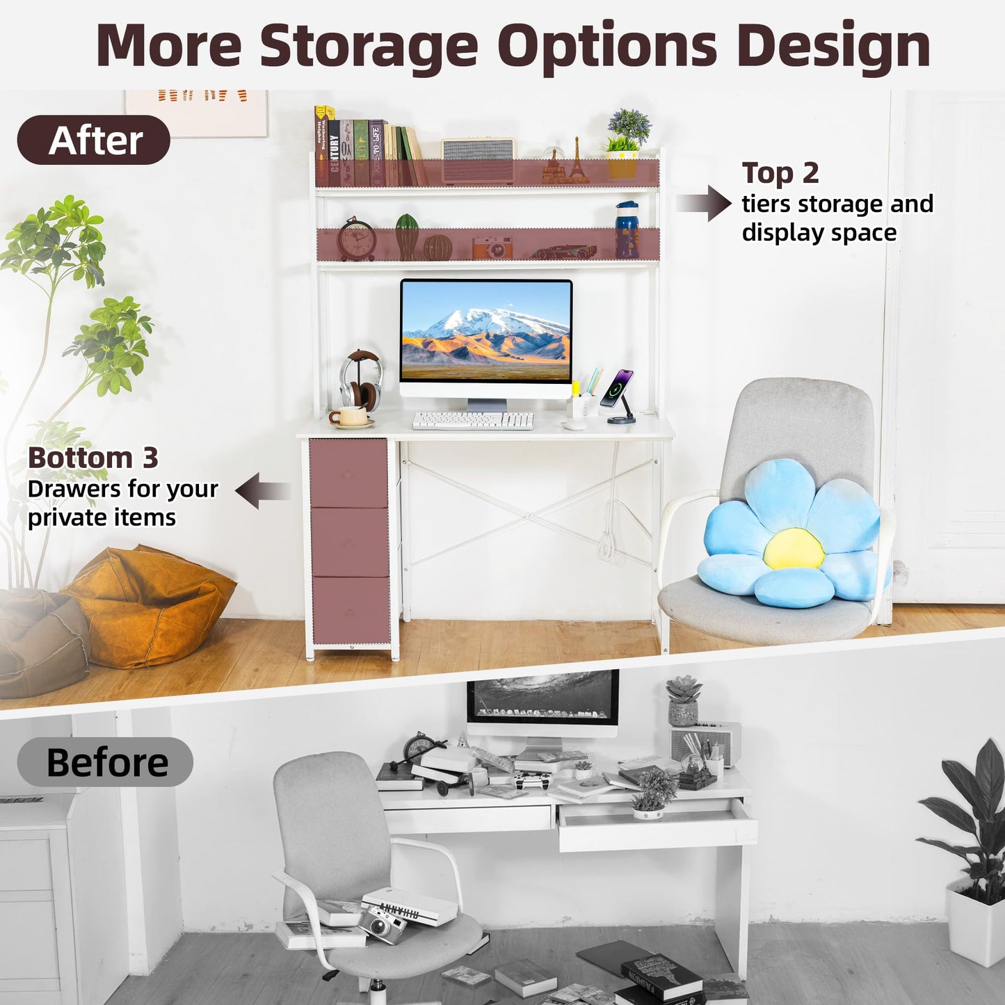 Aquzee Computer Desk with Drawers, 47 inch Desk Hutch, Gaming Desk with Storage Shelves, Power Outlets & Bookshelves, Study Writing Desks for Bedroom Living Room Home Office, White