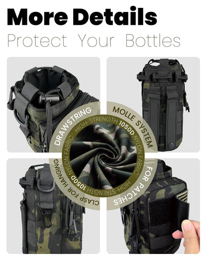 DEFUNX 32 Oz Water Bottle Holder with Strap Bottle Carrier Bag with Phone Pocket MOLLE System for Walking Black Camo