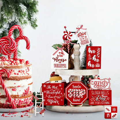Mifoci 14 Pcs Christmas Tiered Tray Decor Rustic Christmas Decorations Snowman Santa Candy Wood Sign Xmas Table Tiered Tray Winter Farmhouse Rustic Table Decor for New Year Home Shelf Tabletop