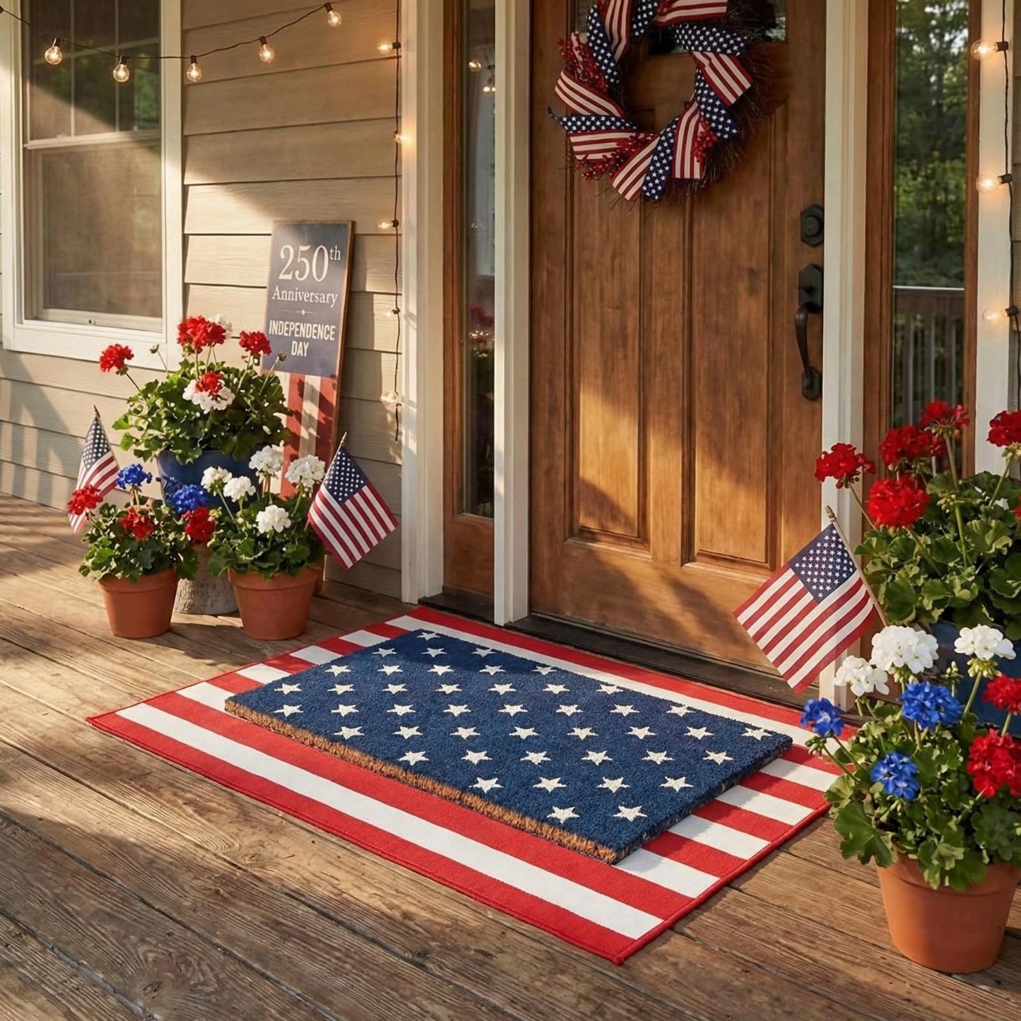 Breling 2 Pcs 4th of July Door Mat Set, Layered Thick Mats Combo with Blue Star Red Stripe American Flag Design for Independence 250 Anniversary Memorial Day Coco Coir Doormat for Front Porch Outdoor
