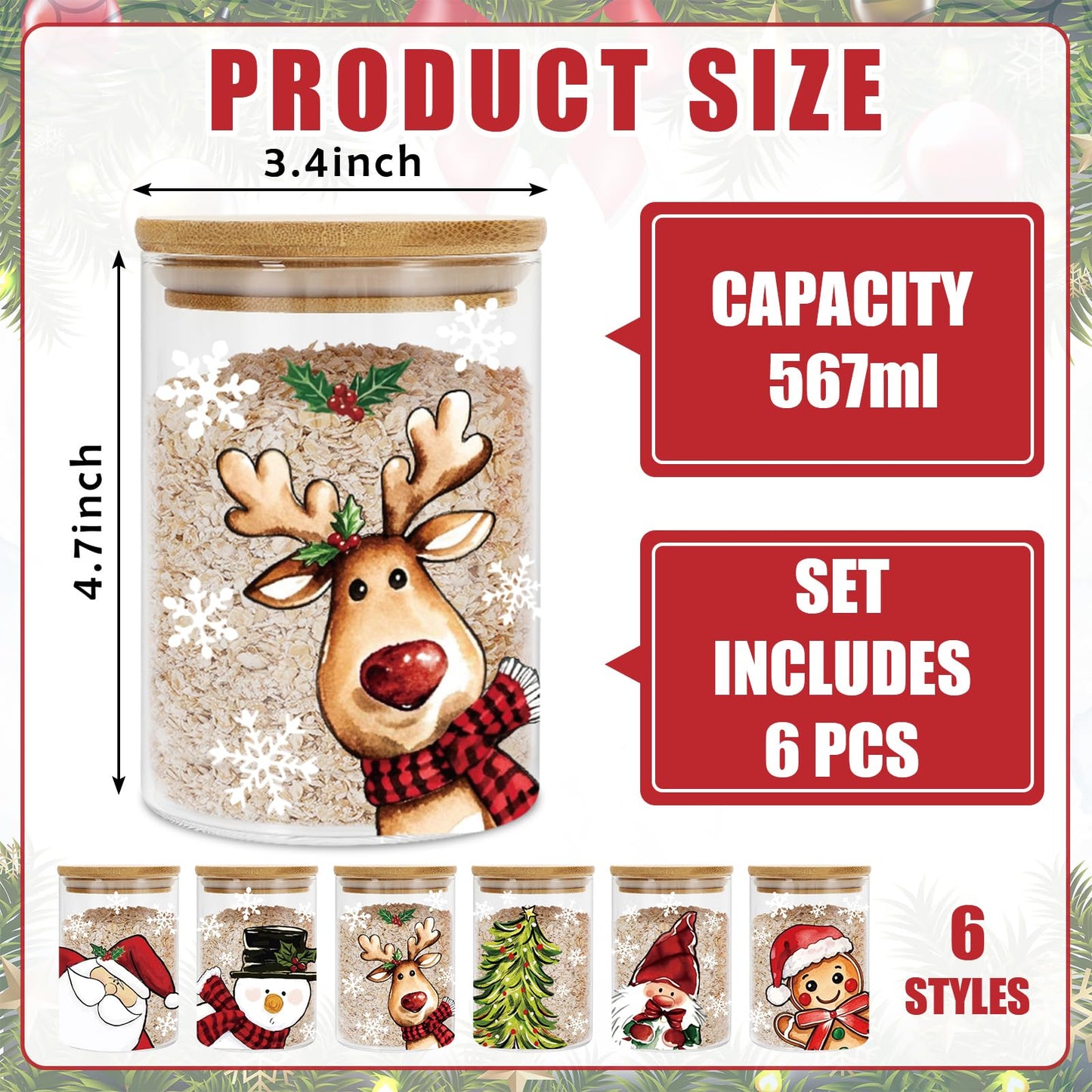 Whaline 6Pcs Christmas Glass Storage Jars with Airtight Lid Santa Snowman Reindeer Decorative Food Canisters Sets Candy Jars for Winter Xmas Home Kitchen Countertop