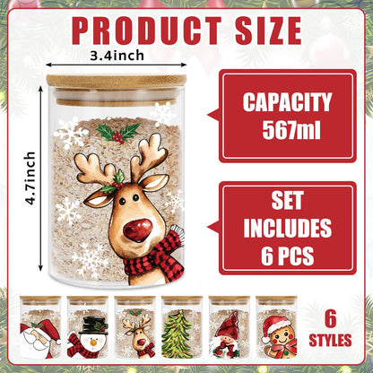 Whaline 6Pcs Christmas Glass Storage Jars with Airtight Lid Santa Snowman Reindeer Decorative Food Canisters Sets Candy Jars for Winter Xmas Home Kitchen Countertop