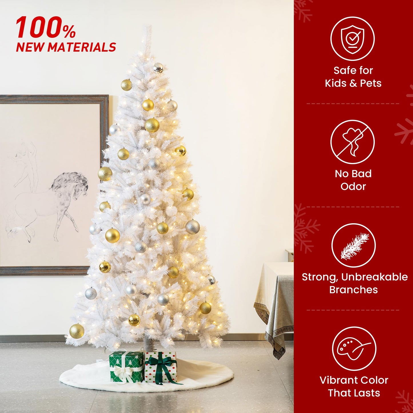Glitzhome 10ft Pre-Lit Slim Artificial Christmas Tree, Aspen Frostfall Pine Hinged Holiday Xmas Tree with Foldable Metal Stand, 800 Warm White Lights, Ideal for Home, Office, Party Decoration