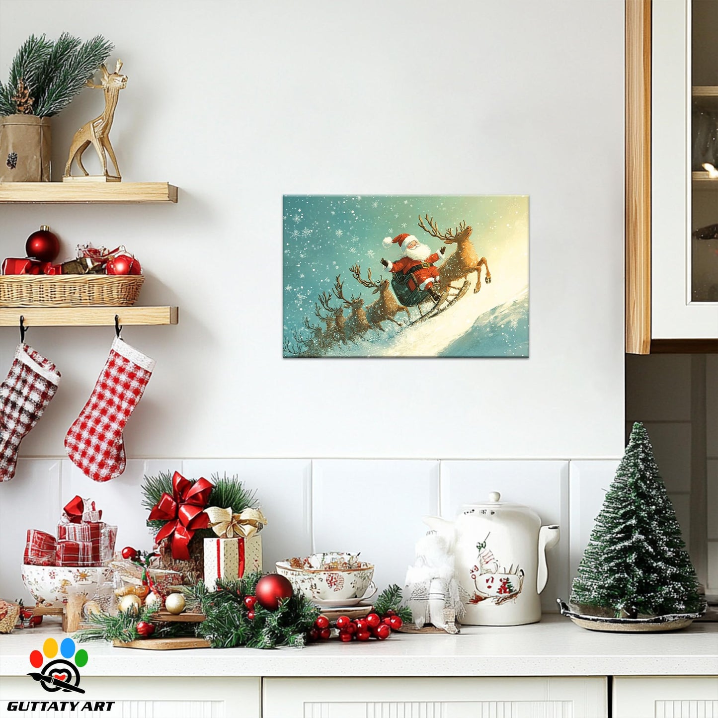 GUTTATY Christmas Canvas Wall Decor, Funny Santa Pictures Wall Art, Reindeer Animal Christmas Wall Painting, Sledges Decoration Christmas Pictures Posters for Living Room, Bedroom 18x24 Inch