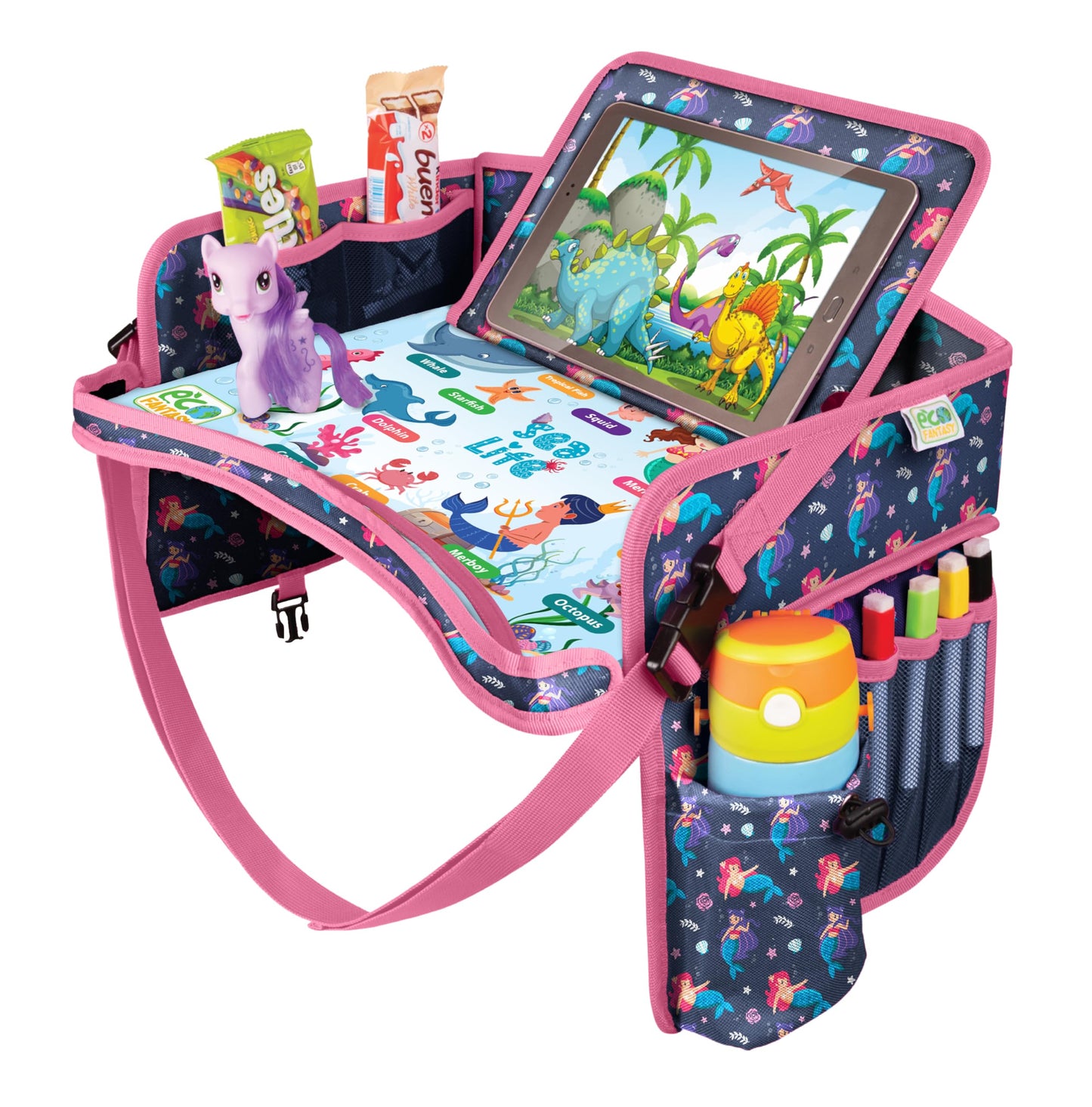 ECOFANTASY Kids Travel Tray - Waterproof Lap Table with No-Drop Large Tablet Holder - Car Seat Tray - Road Trip Essentials Kids - Car Desk Organizer for Airplane - Toddler Travel Essentials(MERMAID)