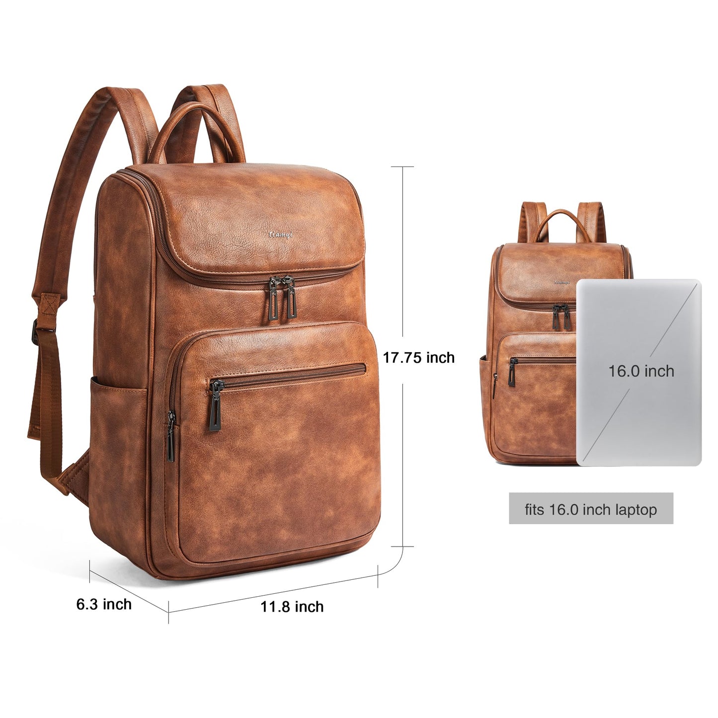 tiamyi leather travel backpack for men and women, flap top laptop backpack fits 17.0 inch computer with luggage strap and separate padded compartment, brown