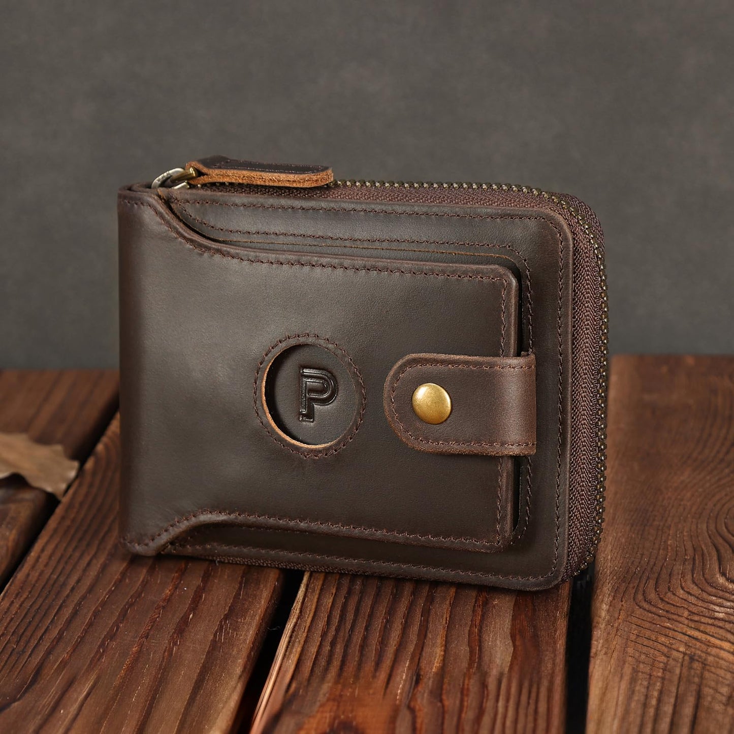 Polare Full Grain Leather Wallet for Men Bifold RFID Blocking Cash Credit Card Case with Air Tag Slot and YKK Zip Coin Pocket (Dark Brown with AirTag Slot)