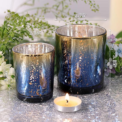 Volens 12pcs Assorted Navy Votive Candle Holders, Large Speckles Mercury Glass Votive & Tealight Candle Holder Bulk for Wedding Table Centerpiece, Navy and Gold Themed Party Decorations and Home Decor