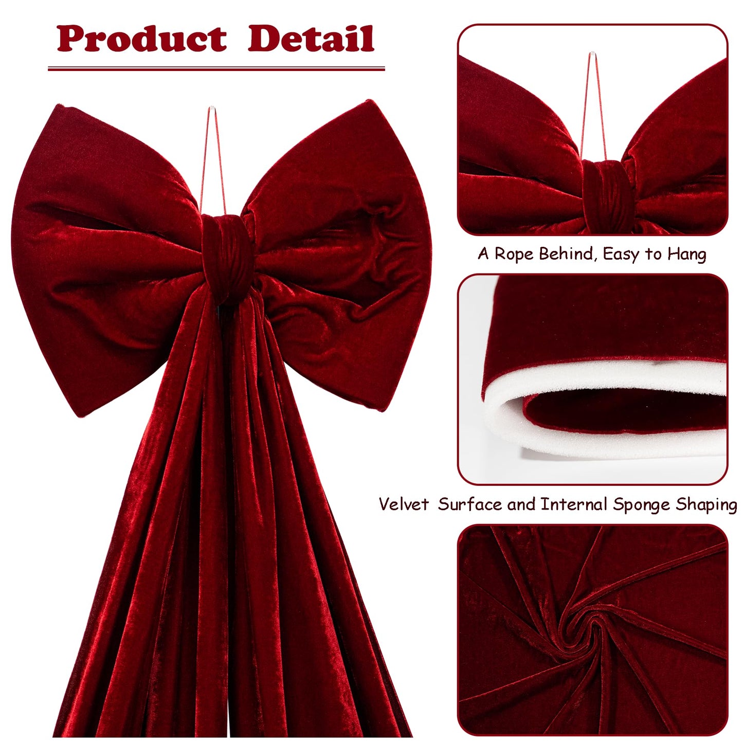 Hismir Christmas Tree Topper Bow，67x16 Inch Velvet Extra Large Room Decor Ribbon Bow for Wedding Engagement Birthday Party，Giant Xmas Bow Decorations for Home Wreath Door Wall(Burgundy)