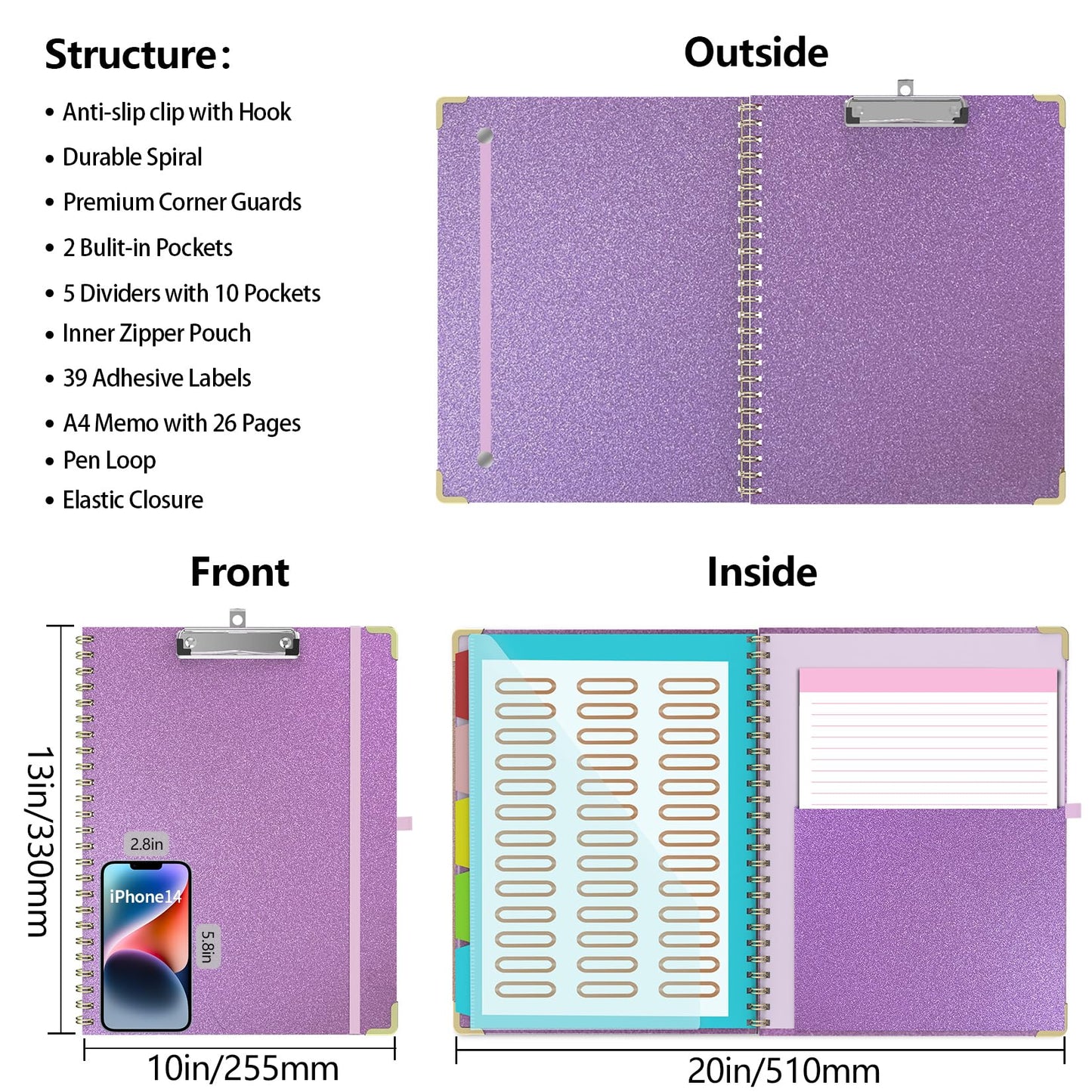 Clipboard Folio with Storage Clipboards Padfolio Notebook for Letter Size (11" x 8.5"), Clipboards with 10 Pockets and 5 Folders Nursing Teacher School Essentials (Purple)