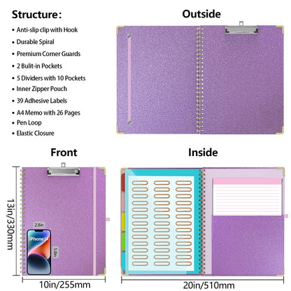Clipboard Folio with Storage Clipboards Padfolio Notebook for Letter Size (11" x 8.5"), Clipboards with 10 Pockets and 5 Folders Nursing Teacher School Essentials (Purple)