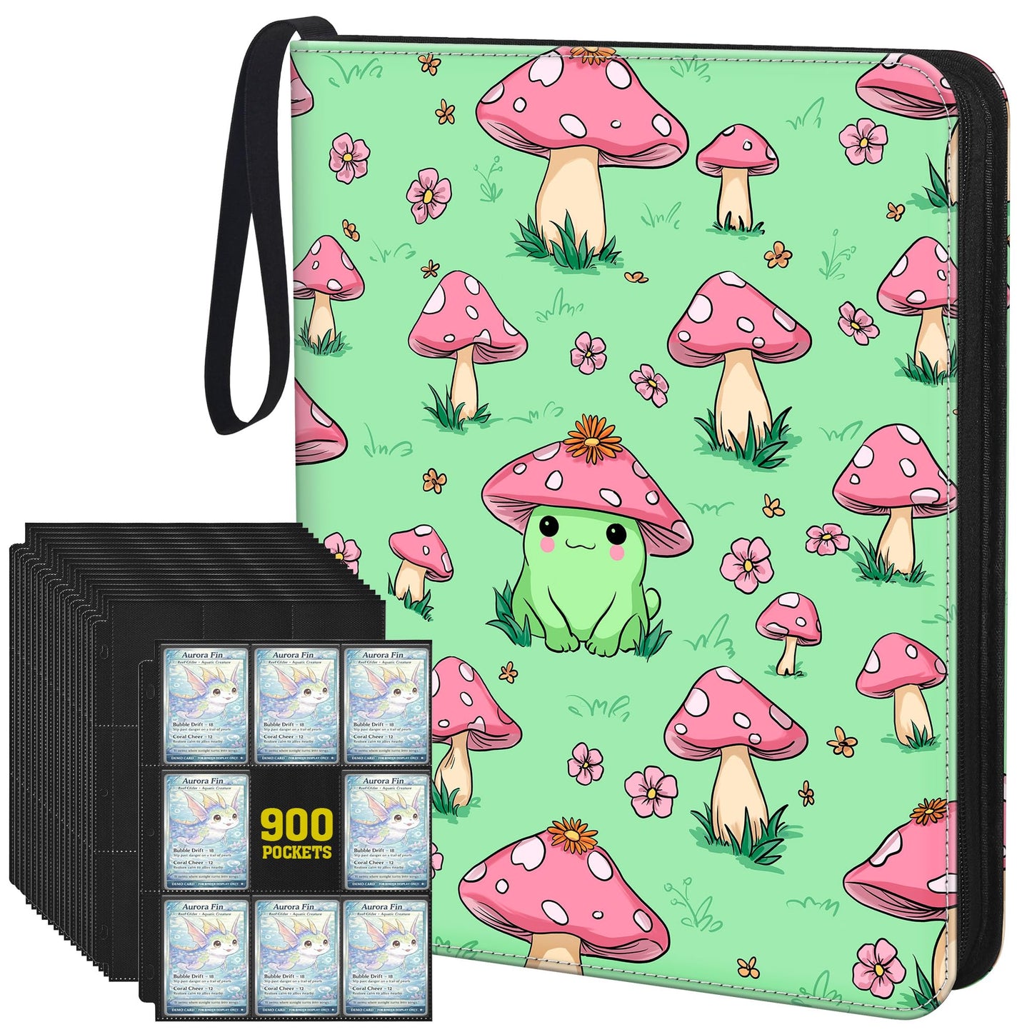 UGYAZX Cute Frog & Mushroom 9-Pocket Trading Card Binder Album, 900 Card Zipper Binder with 50 Removable Sleeves, Refillable 3-Ring Card Book for MTG, TCG and Sports Cards, Fits 2.5" x 3.5" Cards