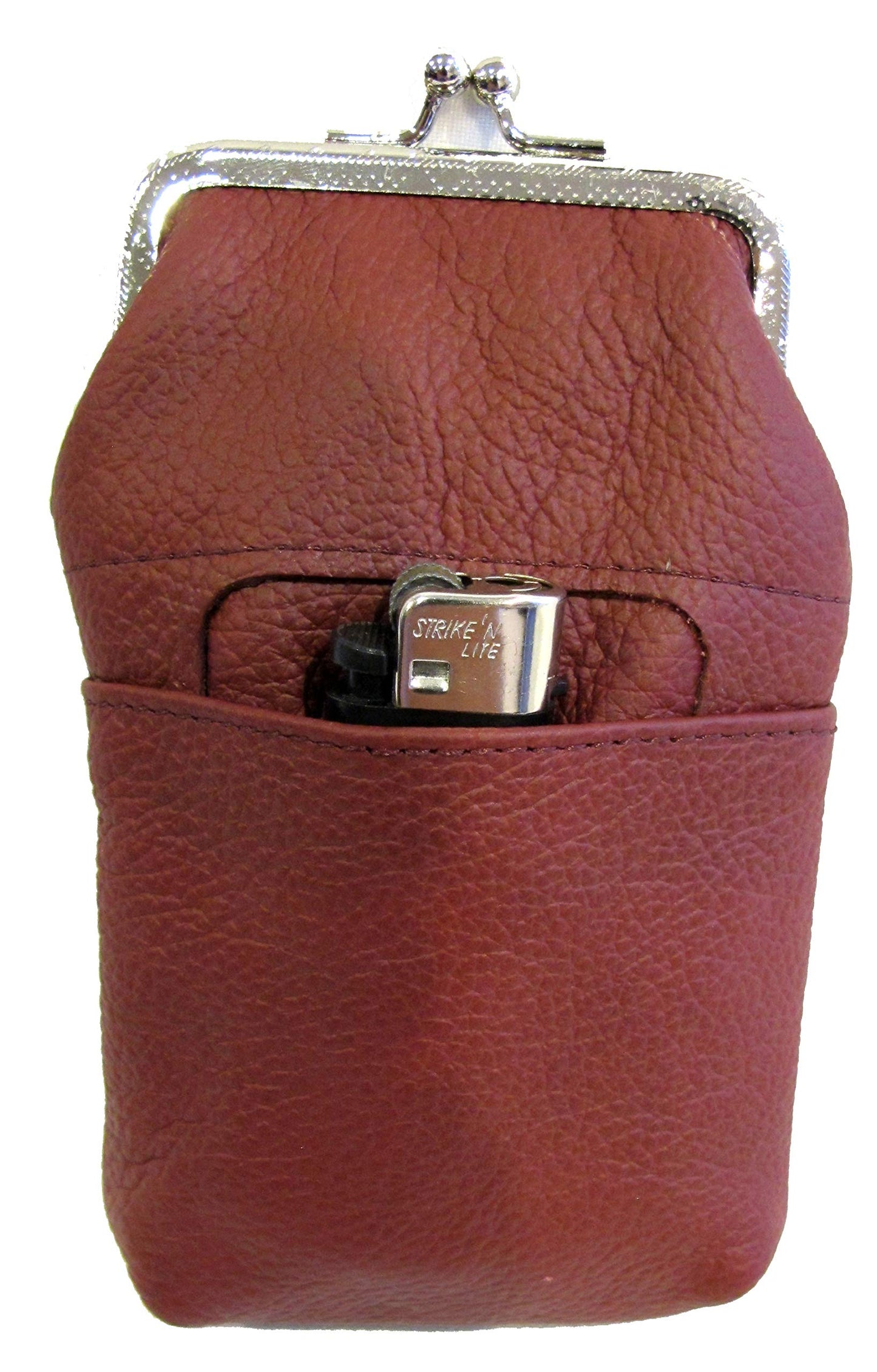 Women 100% Pure Leather Cigarette Case Lighter Match Pocket Zipper Coin Pouch -4 Color (Wine)