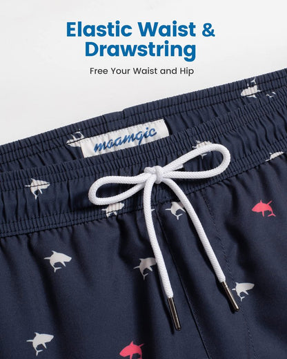maamgic Mens Swim Trunks with Compression Liner 5 Inch, Quick Dry Bathing Suit with Zipper Pockets, Stretch No-Chafing Swim Shorts, Navy-Mini Shark X-Small