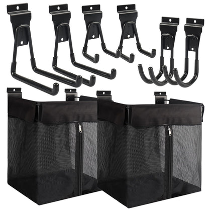 ZORUNNA 2PCS Slatwall Basket with Zipper, 6 PCS Heavy Duty Hooks, 16x15x11 Inch Slatwall Accessories, Easy to Install Garage Storage Mesh Basket for Shop Gym Toy Display Storage.