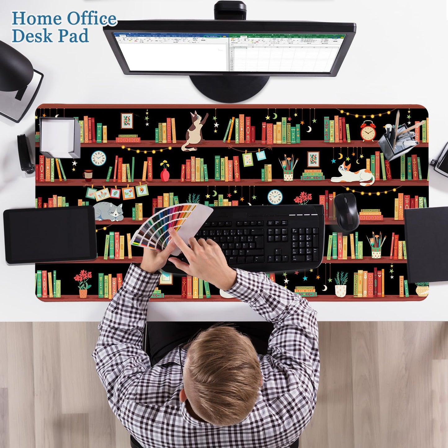 Desk Mat, Desk Matt for Desktop Bookshelf Cat XXL Extended Large Gaming Mouse Pad for Desk, Anti-Slip Desk pad Mat with Stitched Edges, Keyboard Mouse Mat for Computer, Work, Office, Gaming