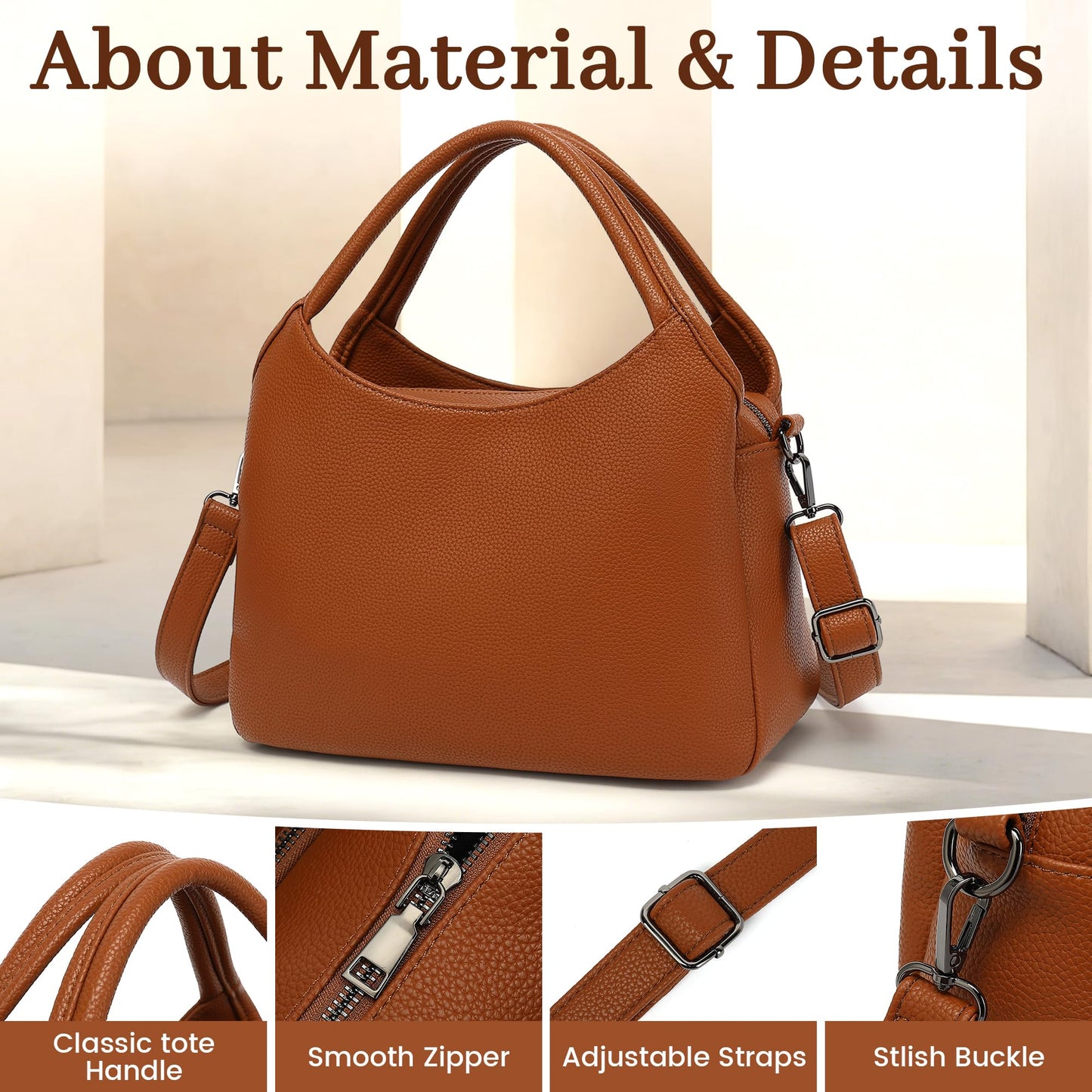 KOGTLA Women's Large Pebbled Leather Purses with Satchel Strap, Ladies Vegan Leather Tote Handbags, Hobo Shoulder Bags Brown