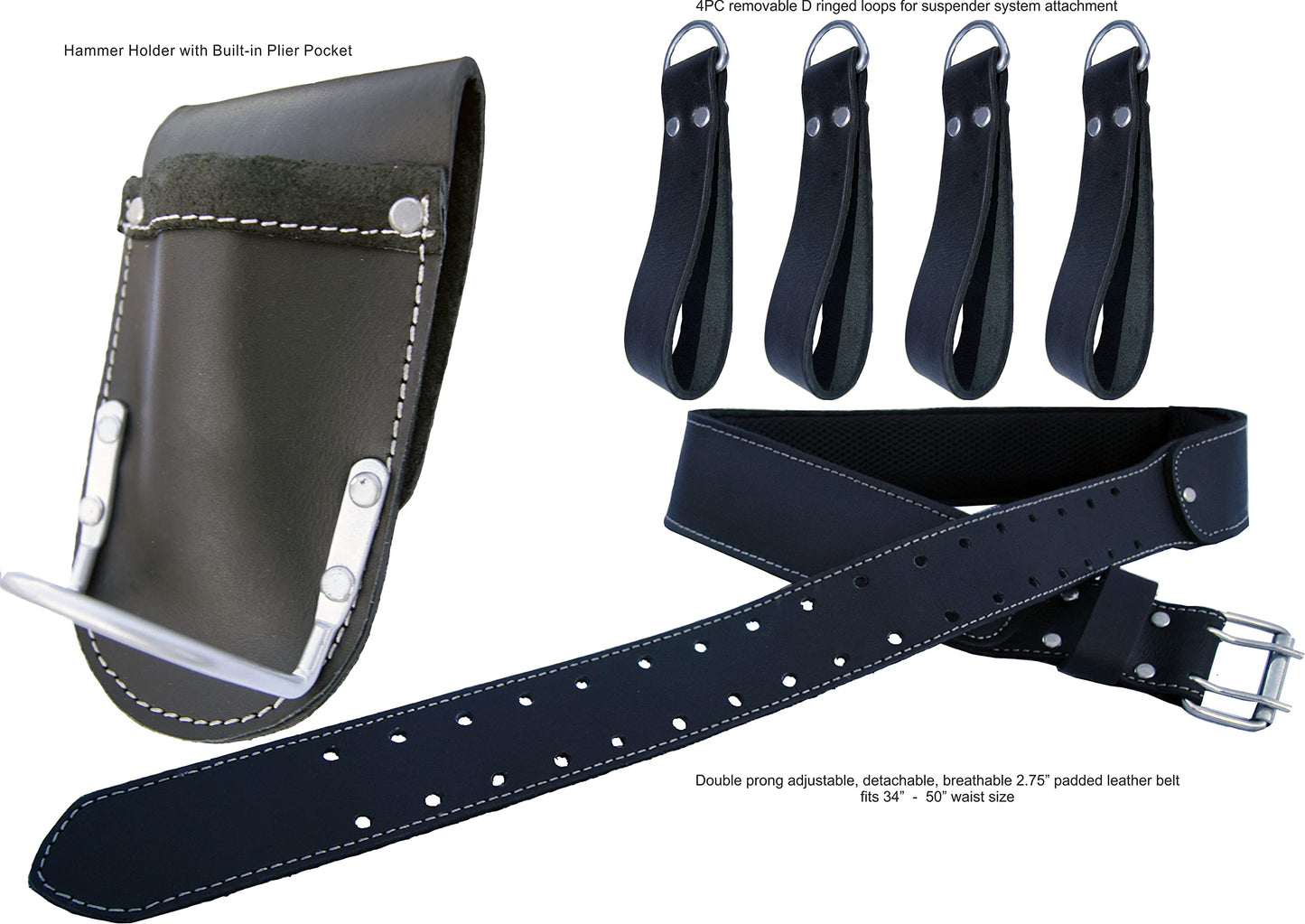 ZAKCO PRO-19 Genuine Grain Leather Multi Pockets Construction Tool Rig, Carpenter Tool Belt, 2 Leather Tool Pouches, Pro Style Tool Belt for Framers, Handyman, Drywall & Roofers (BLACK, Full Size)