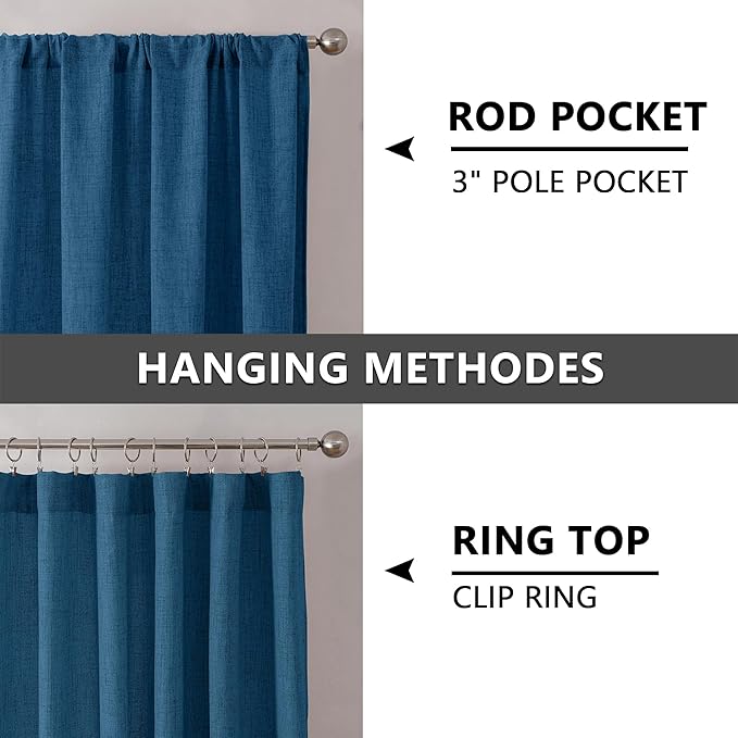 Tollpiz Short Linen Tier Curtains Rod Pocket Semi Sheer Half Kitchen Curtain Burlap Light Filtering Thick Linen Drapes for Bathroom, 30 x 24 inches Long, Classic Blue, Set of 2 Panels