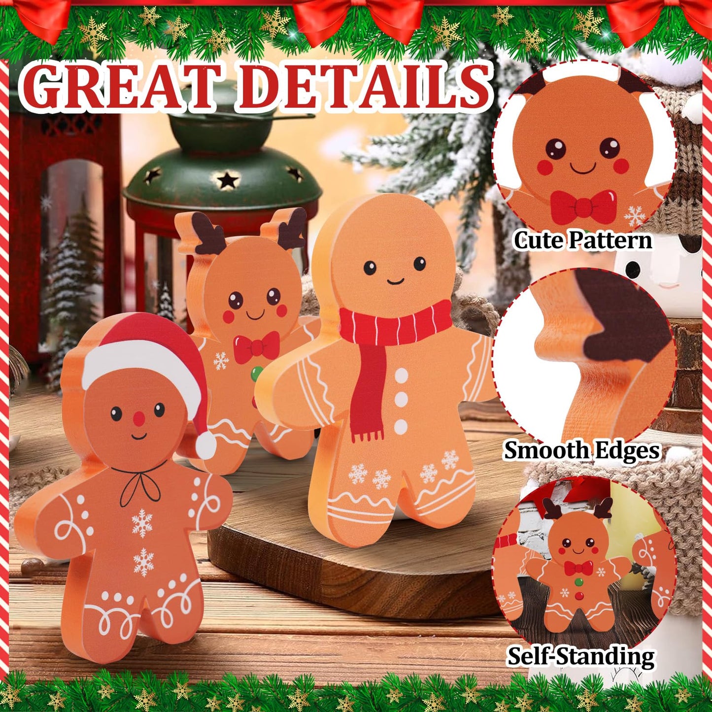COCHIE Gingerbread Man Christmas Decorations Indoor, Tiered Tray Decor Set of 3, Wooden Gingerbread Blocks Xmas Table Decoration for Party, Home, Office, Shelf, Door (2024)