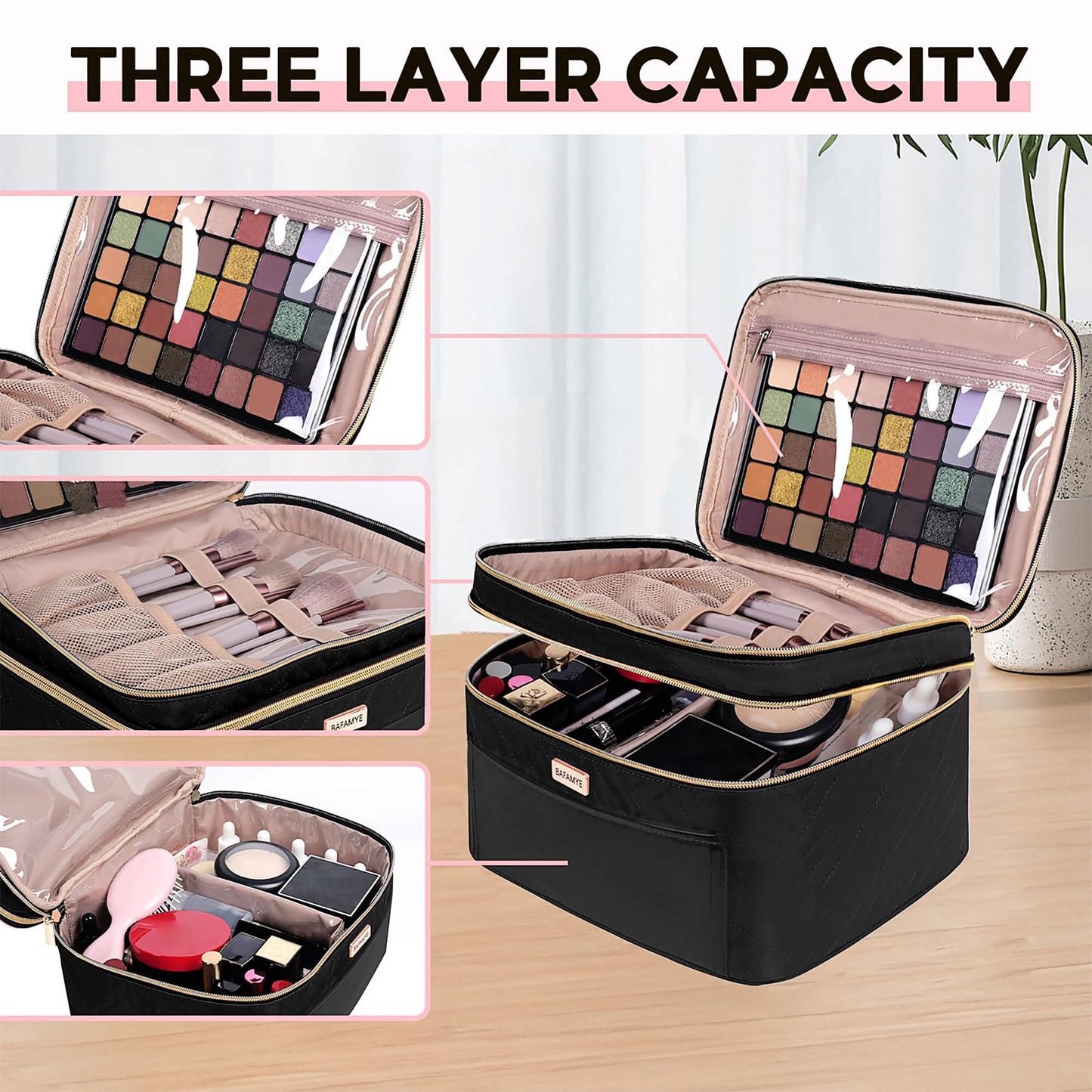 BAFAMYE 8.8L Double Layer Travel Makeup Bag Women, Large Cosmetic Case, Organizer for Travel-Size Accessories Bottles, Brushes, and Skin Care Products, Black 2.33 GAL